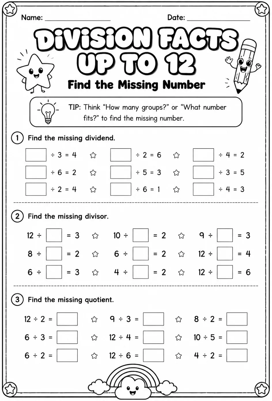 Division facts up to 12: find the missing number — free printable Grade 3 math worksheet