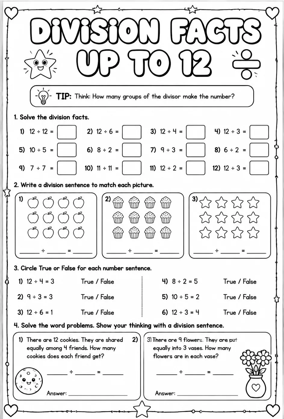 Division facts up to 12 — free printable Grade 3 math worksheet