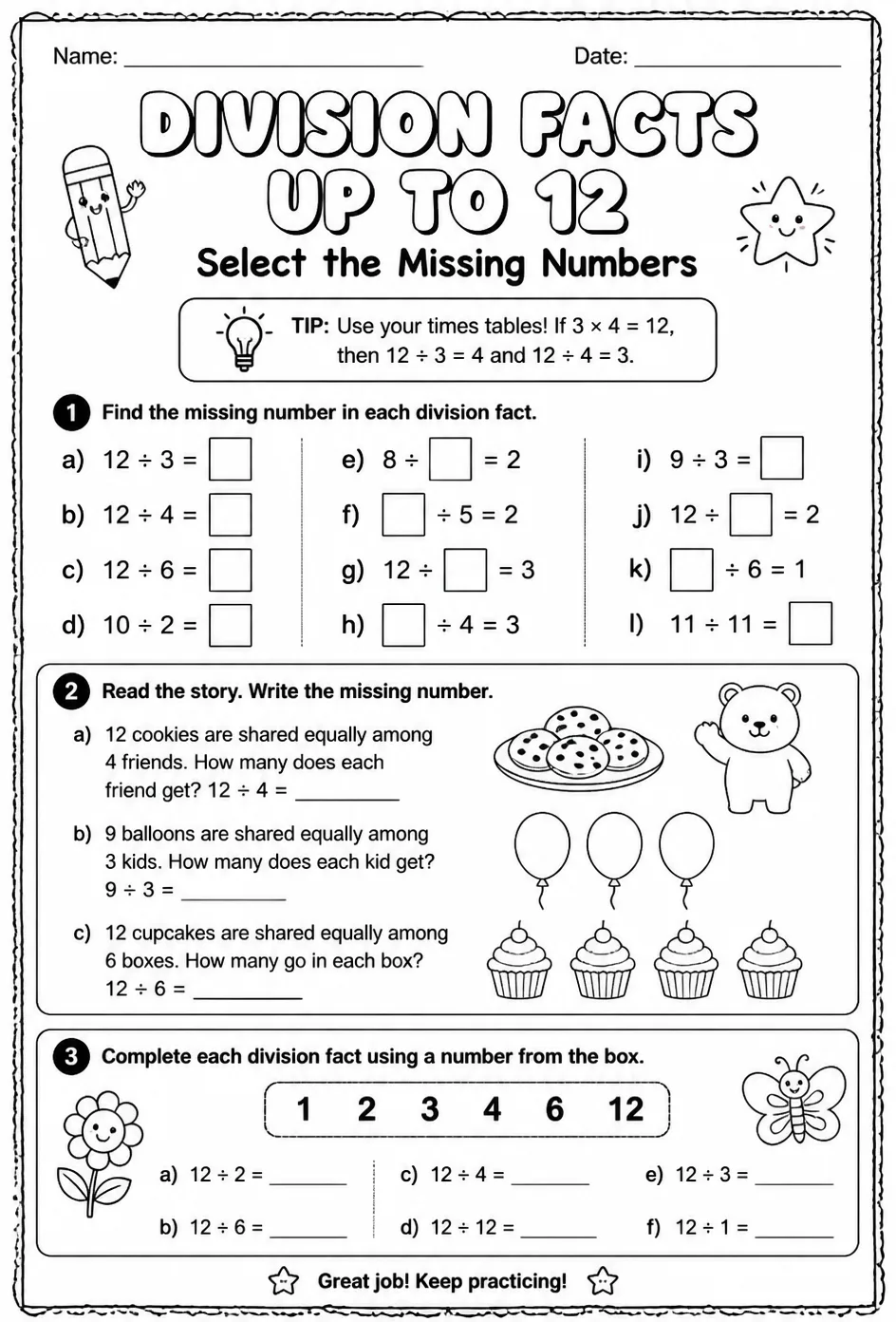 Division facts up to 12: select the missing numbers — free printable Grade 3 math worksheet