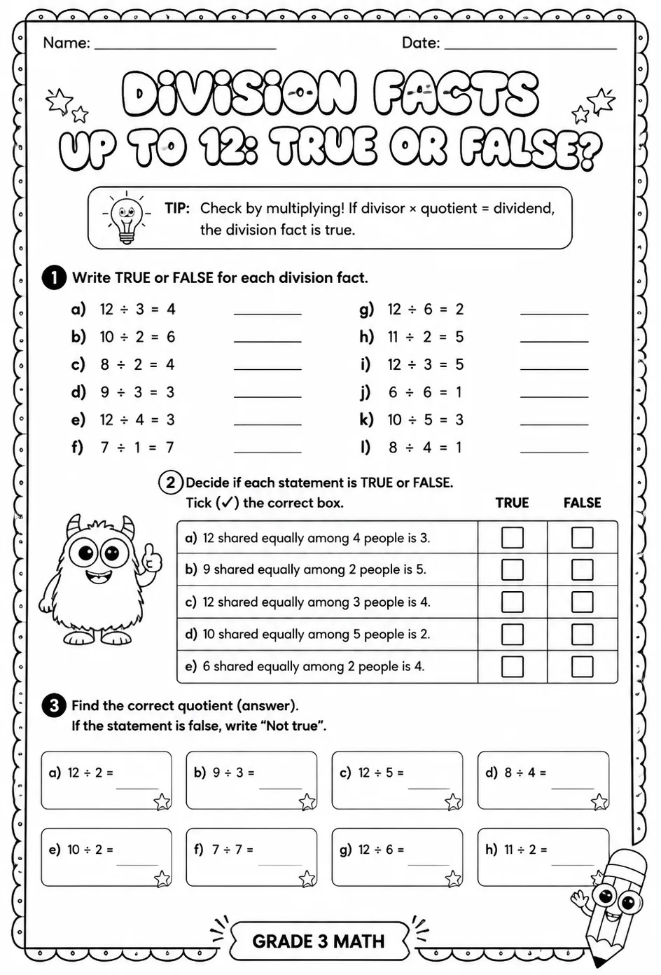 Division facts up to 12: true or false? — free printable Grade 3 math worksheet