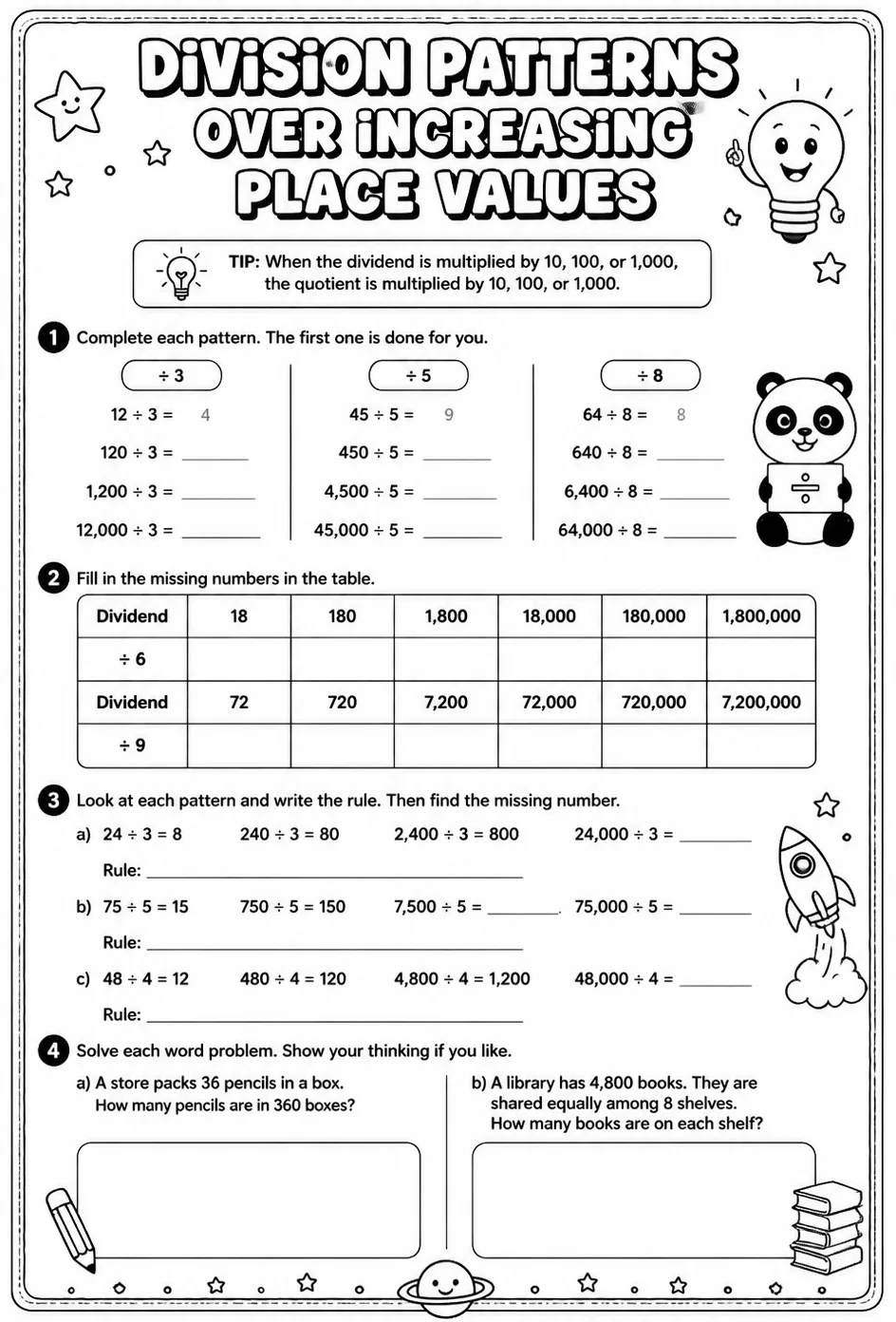 Division patterns over increasing place values — free printable Grade 4 math worksheet