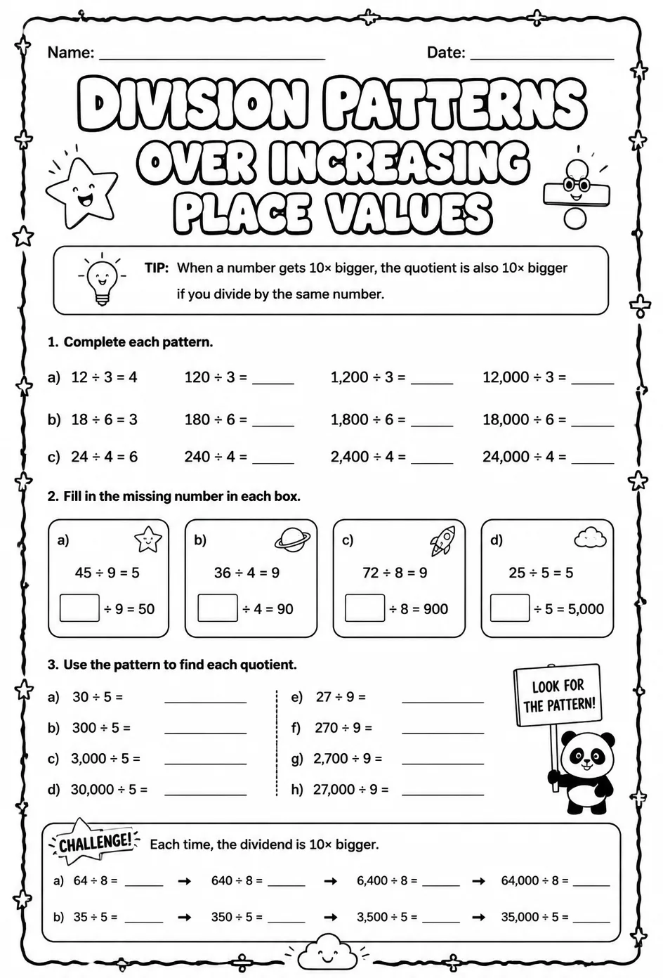 Division patterns over increasing place values — free printable Grade 5 math worksheet