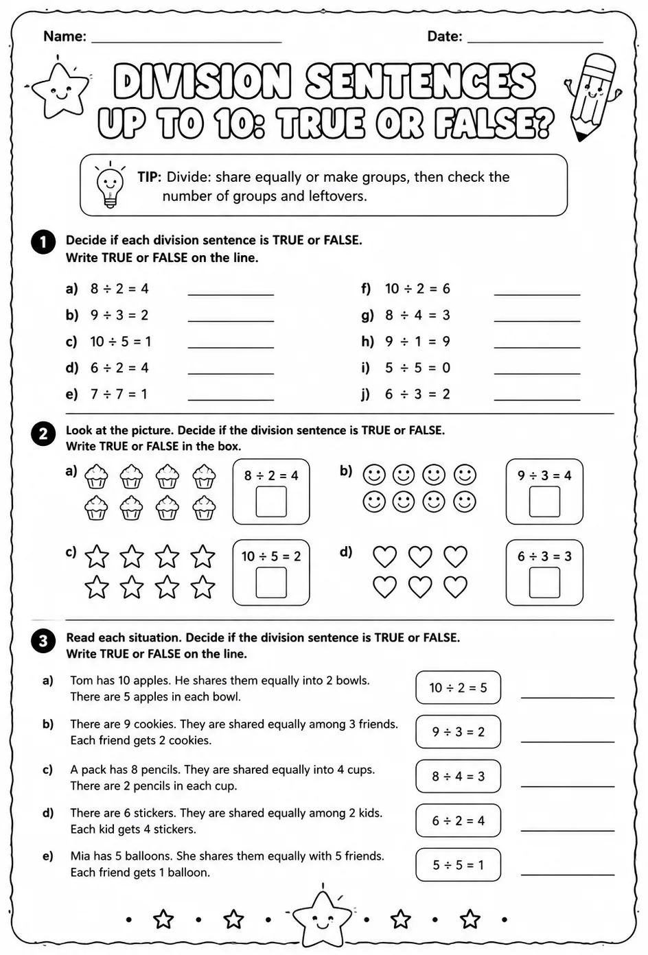 Division sentences up to 10: true or false? — free printable Grade 3 math worksheet
