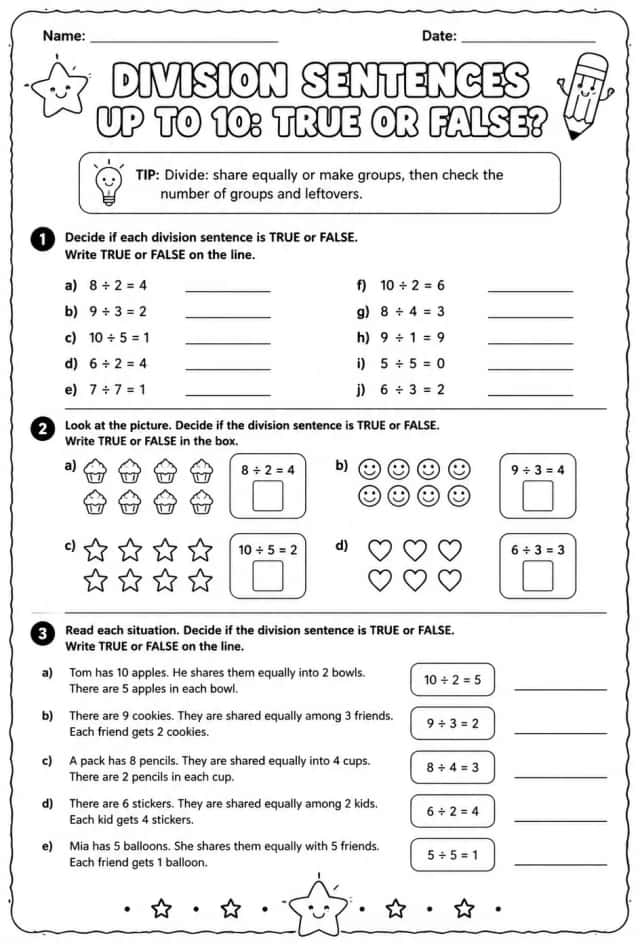 Division sentences up to 10: true or false?