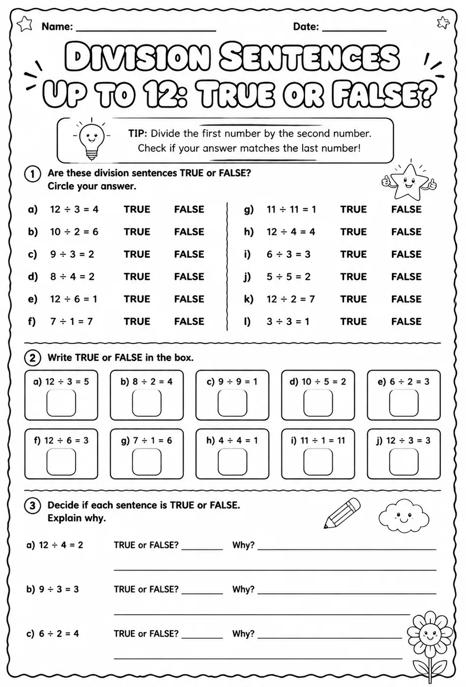 Division sentences up to 12: true or false? — free printable Grade 3 math worksheet