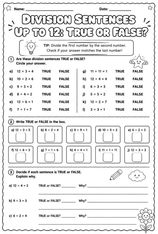 Division sentences up to 12: true or false?