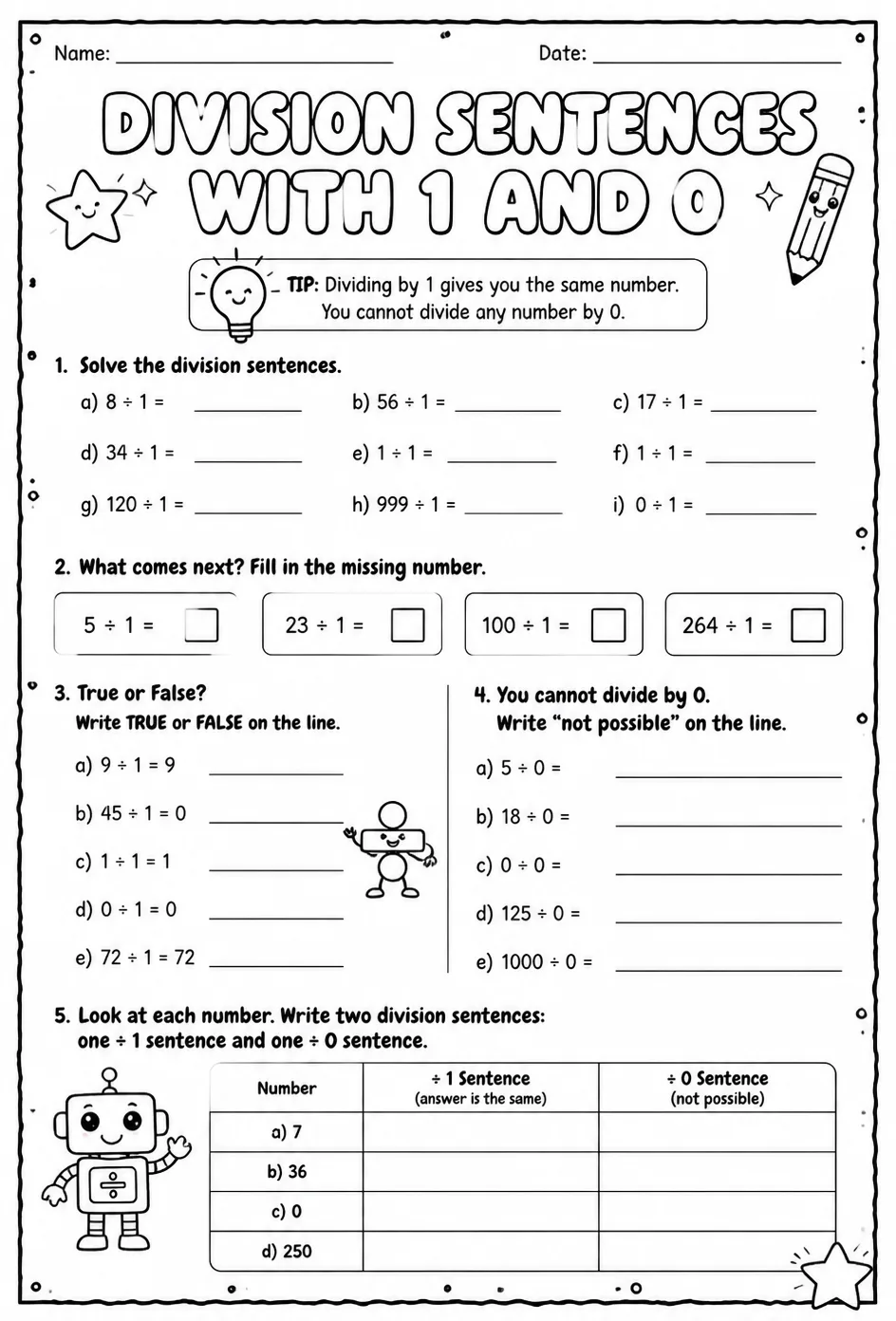 Division sentences with 1 and 0 — free printable Grade 3 math worksheet