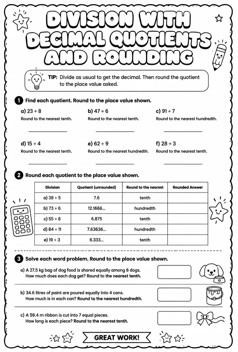 Division with decimal quotients and rounding — free printable Grade 5 math worksheet
