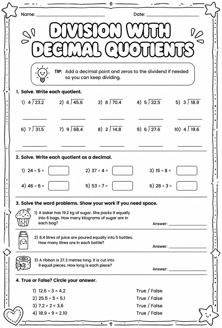Division with decimal quotients — free printable Grade 5 math worksheet