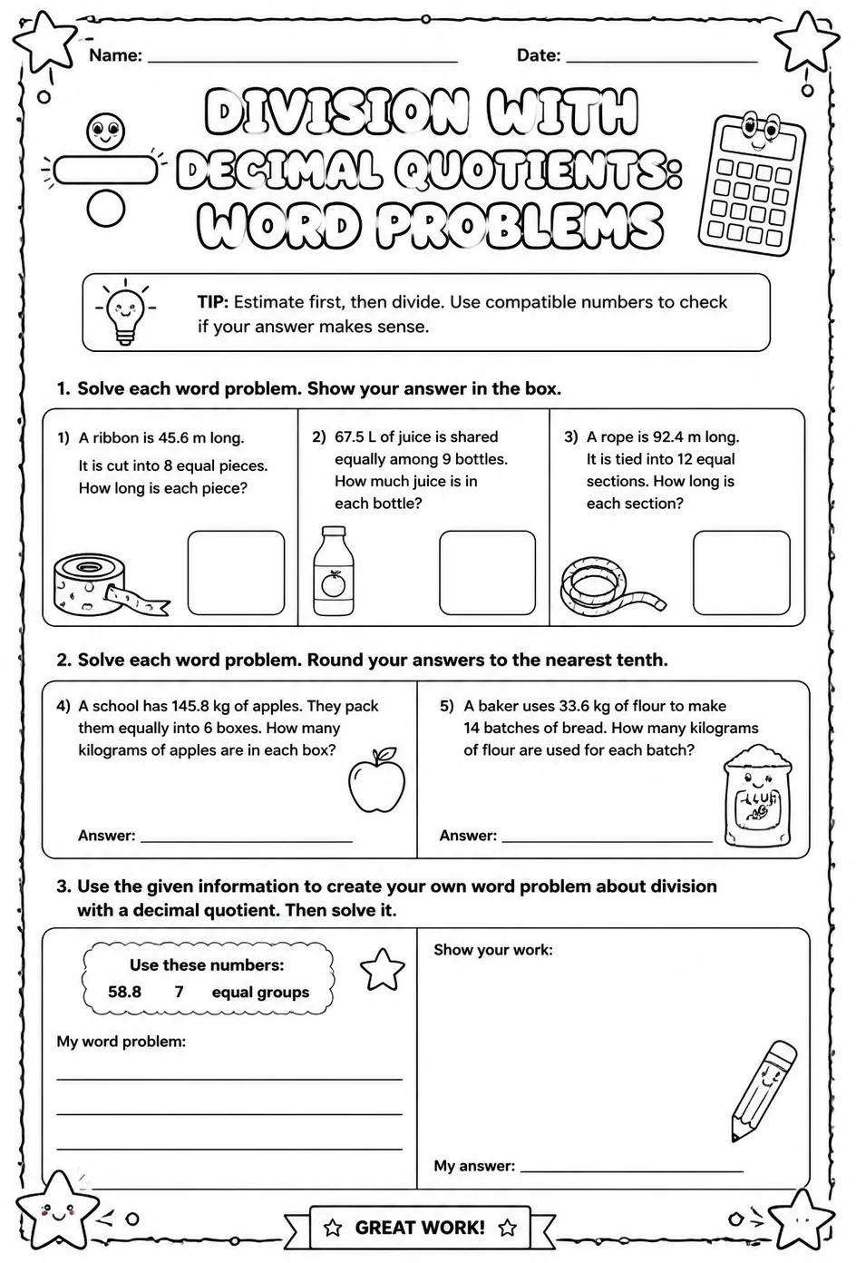 Division with decimal quotients: word problems — free printable Grade 5 math worksheet