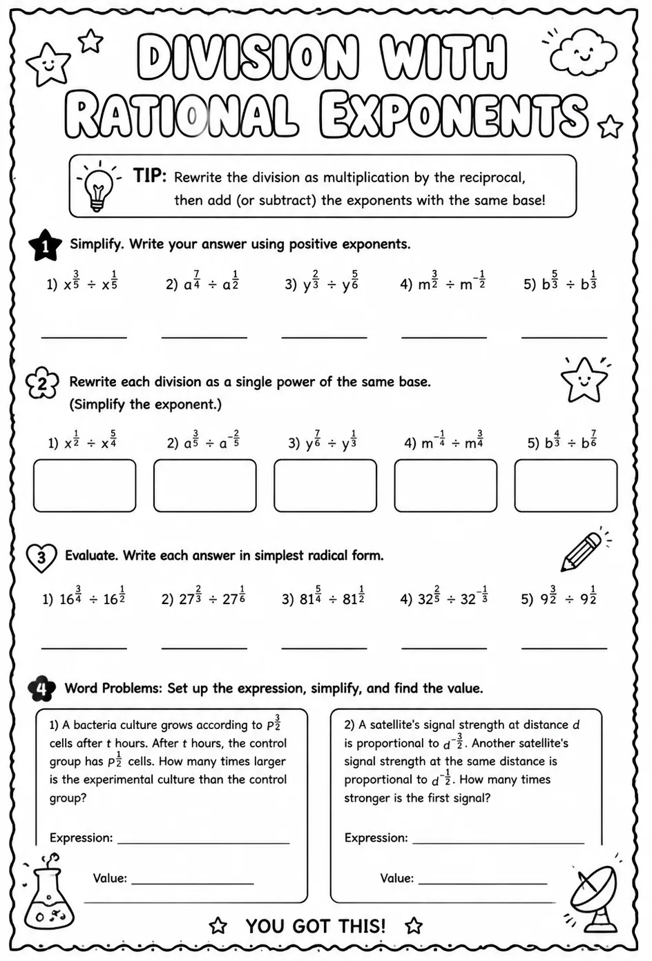 Division with rational exponents — free printable Algebra 2 math worksheet