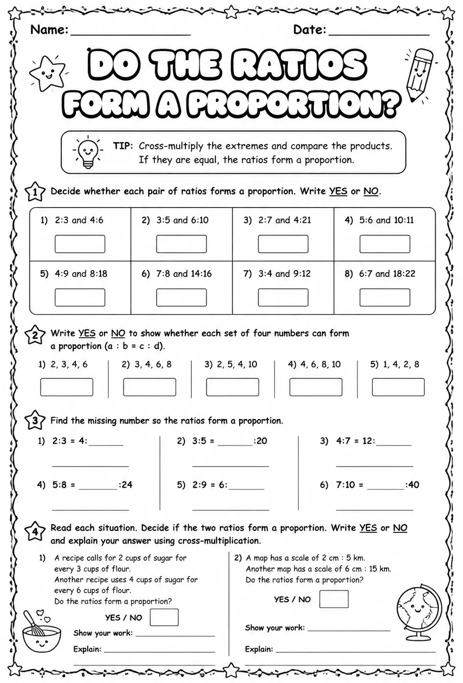 Do the ratios form a proportion? — free printable Grade 6 math worksheet