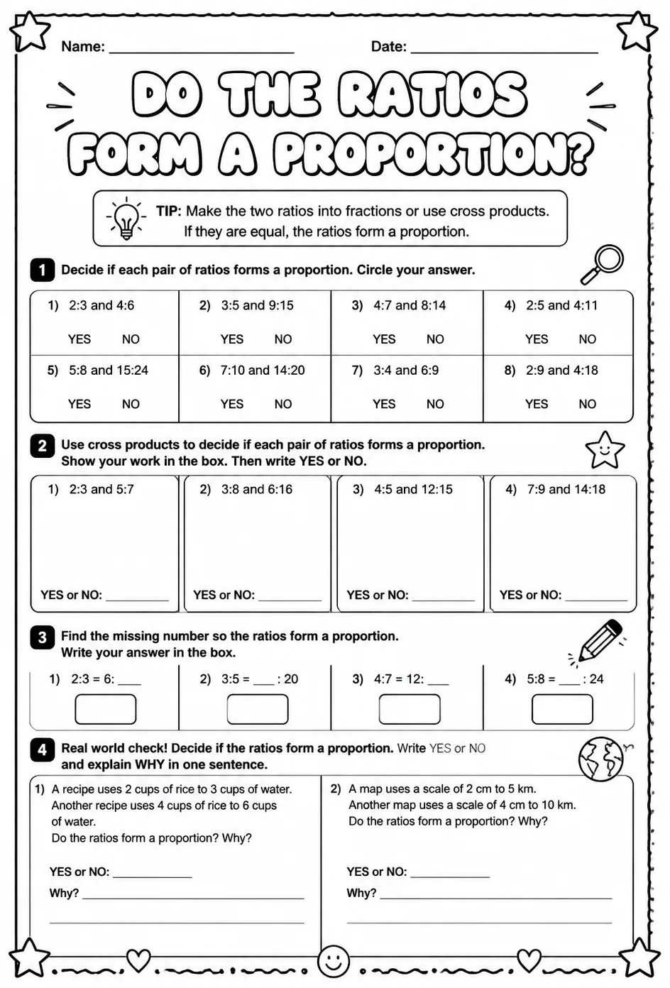 Do the ratios form a proportion? — free printable Grade 7 math worksheet