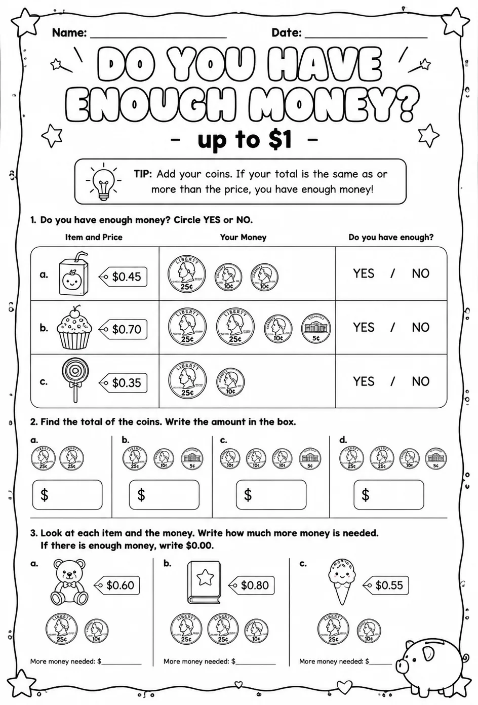 Do you have enough money? - up to $1 — free printable Grade 2 math worksheet