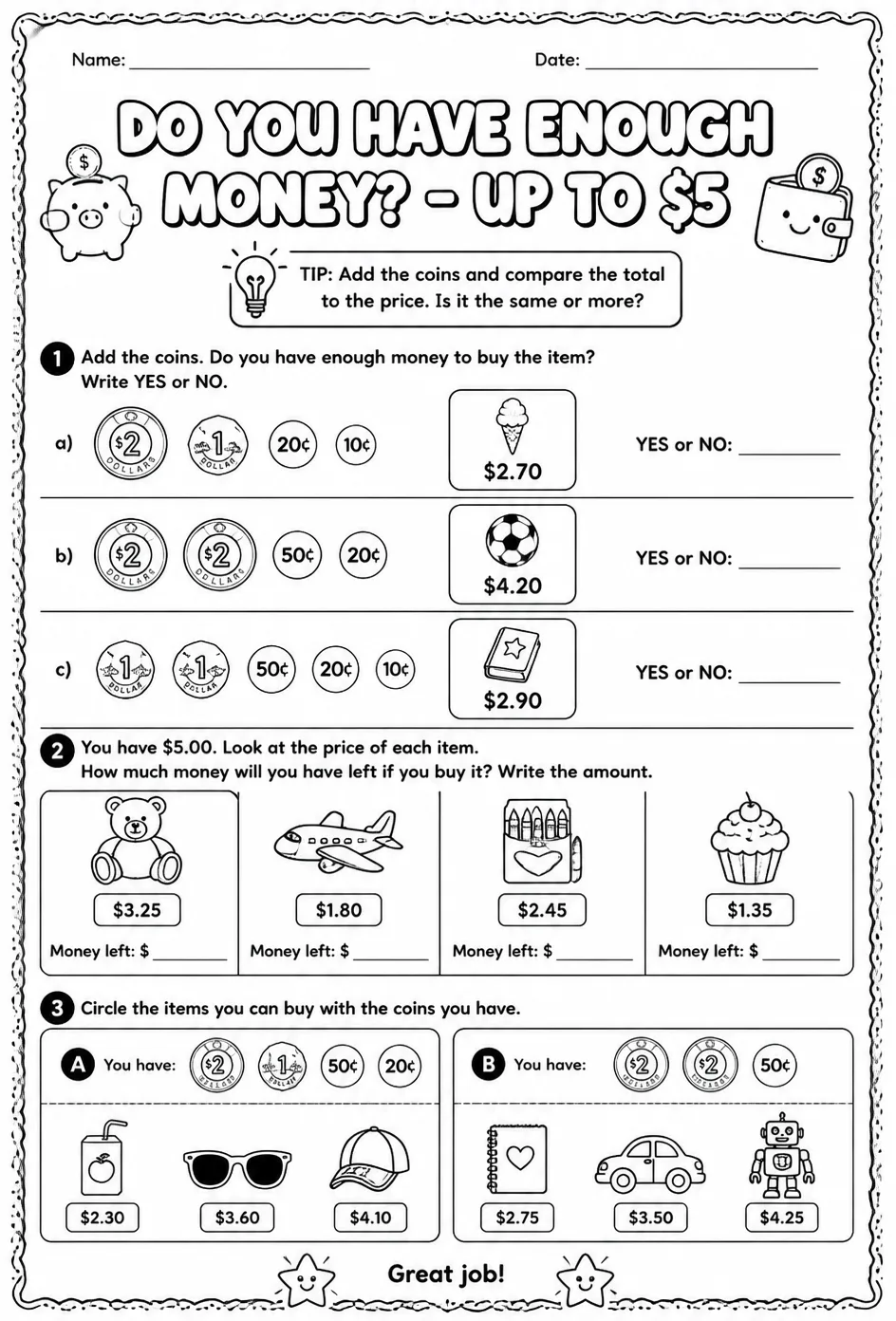 Do you have enough money? - up to $5 — free printable Grade 2 math worksheet