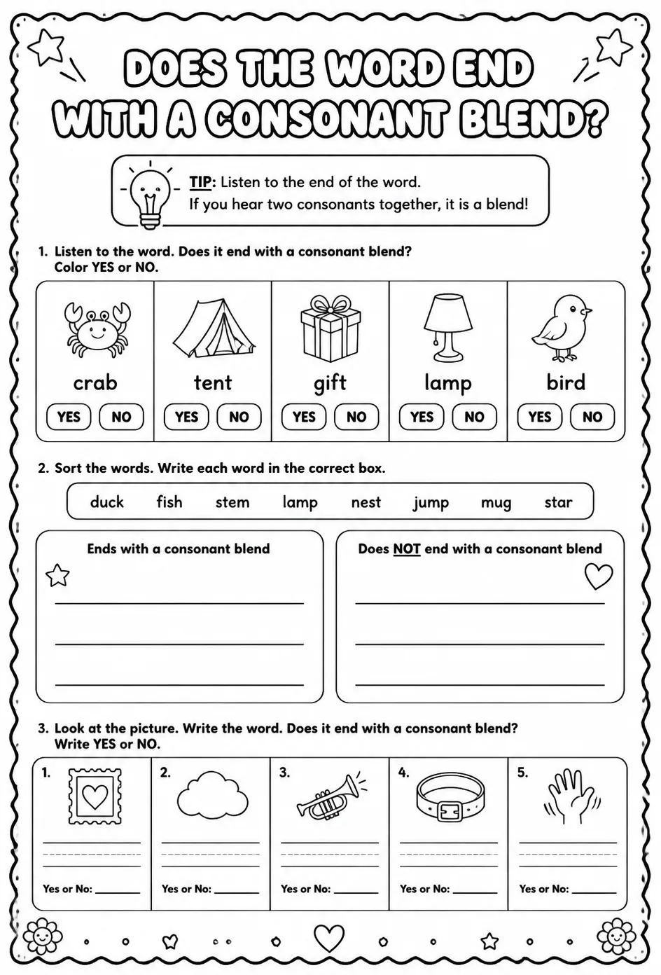 Does the word end with a consonant blend? — free printable Reading foundations English worksheet