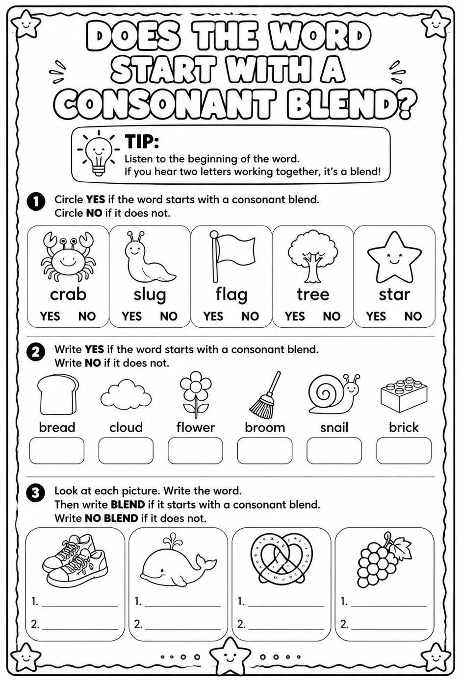 Does the word start with a consonant blend? — free printable Reading foundations English worksheet
