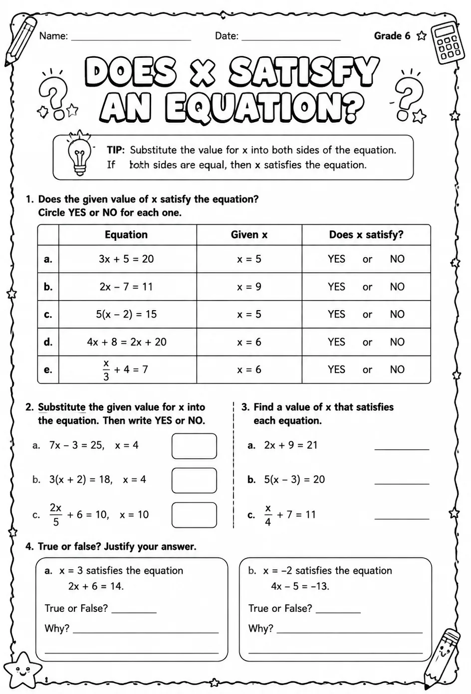 Does x satisfy an equation? — free printable Grade 6 math worksheet