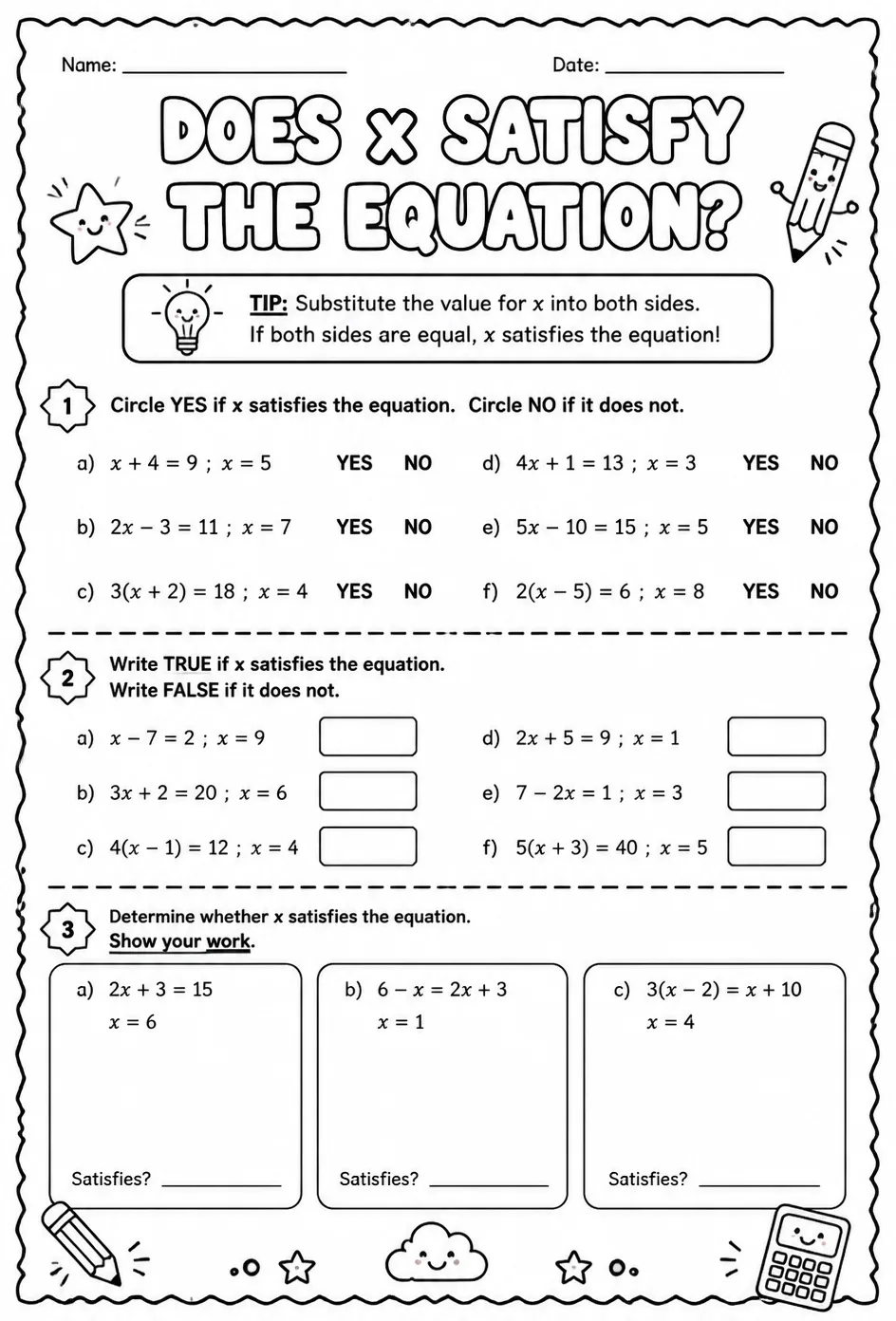 Does x satisfy the equation? — free printable Algebra 1 math worksheet