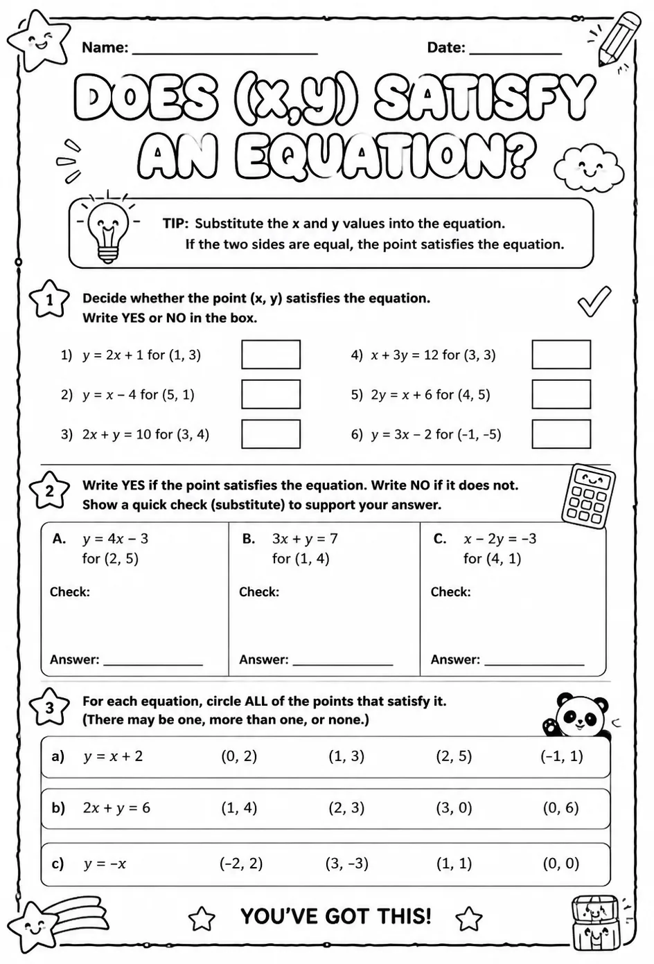 Does (x, y) satisfy an equation? — free printable Grade 6 math worksheet