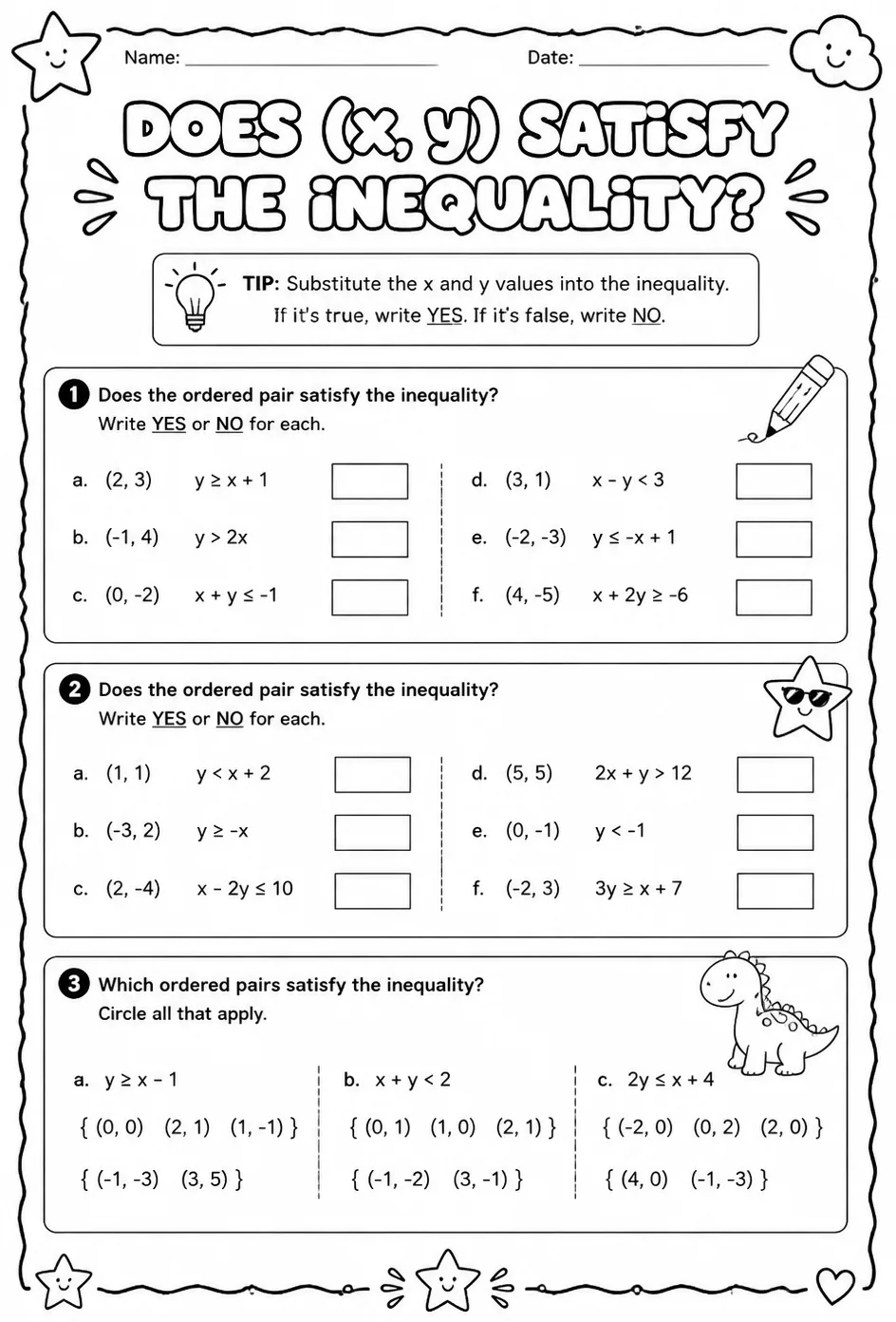 Does (x, y) satisfy the inequality? — free printable Algebra 1 math worksheet