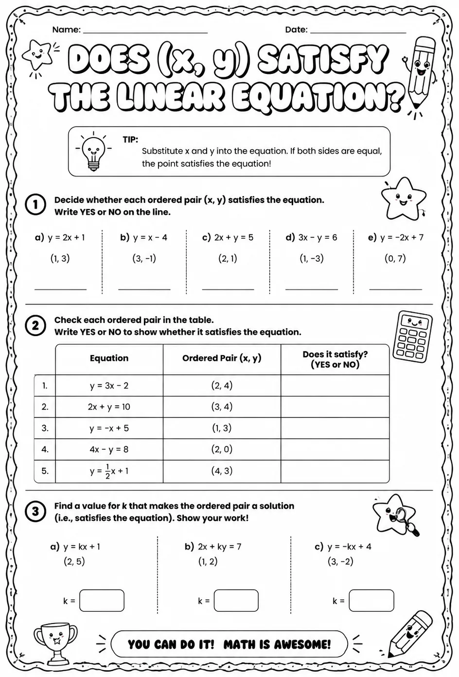 Does (x, y) satisfy the linear equation? — free printable Algebra 1 math worksheet