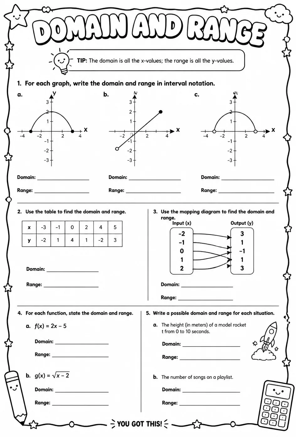 Domain and range — free printable Algebra 2 math worksheet