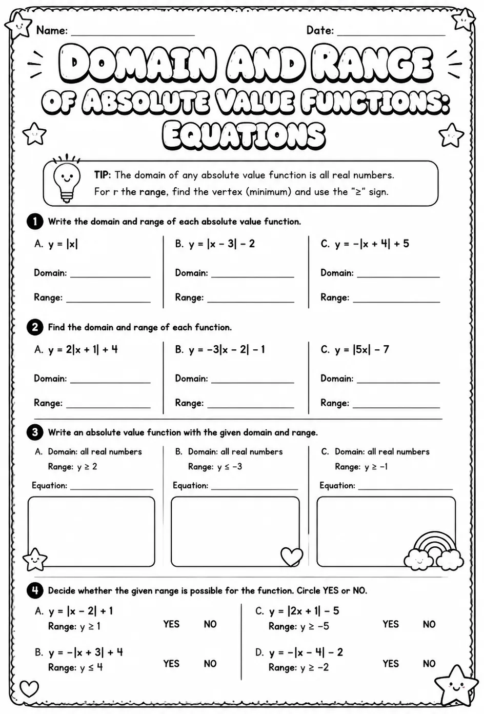 Domain and range of absolute value functions: equations — free printable Algebra 1 math worksheet