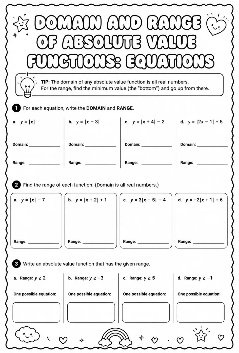 Domain and range of absolute value functions: equations — free printable Algebra 2 math worksheet