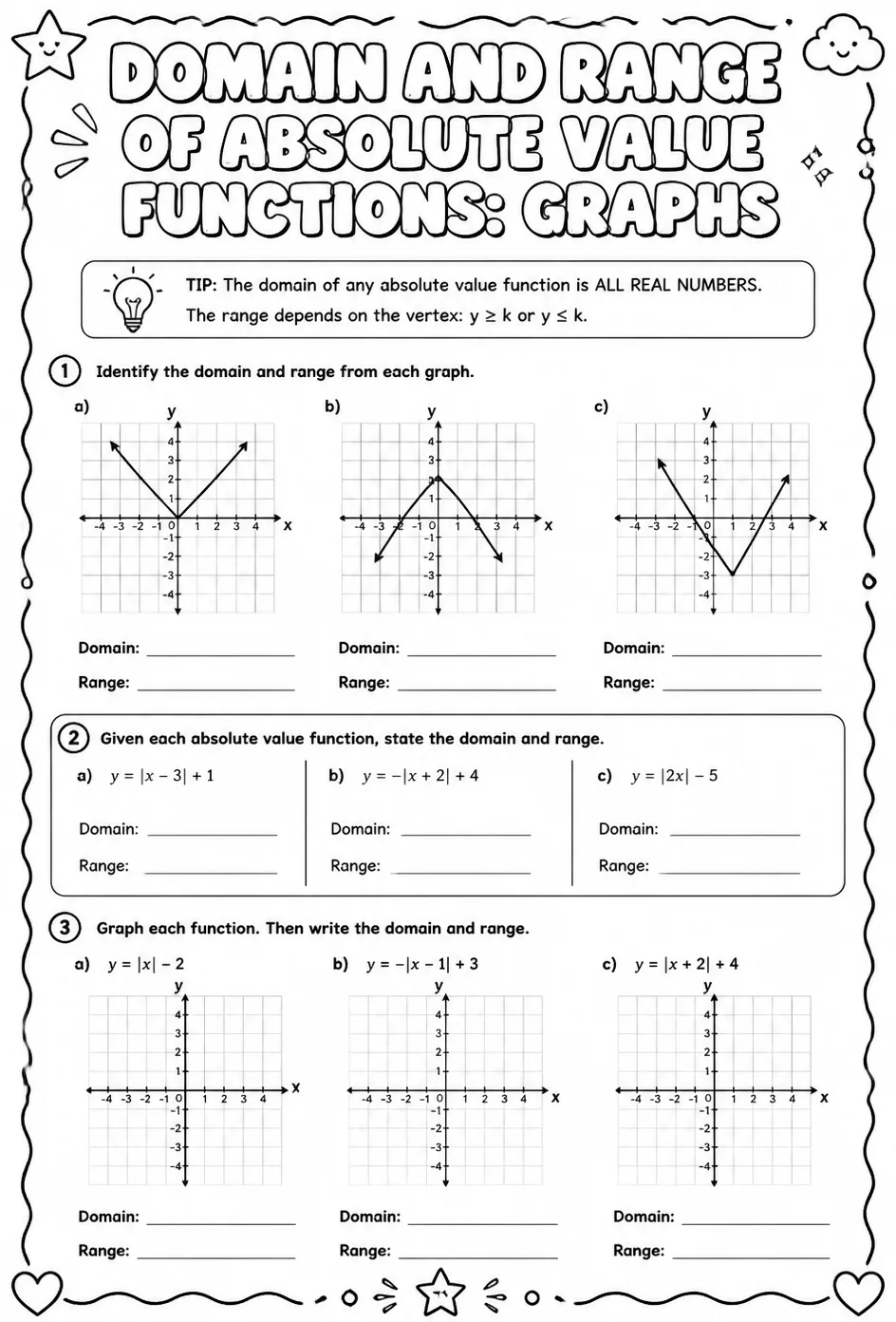 Domain and range of absolute value functions: graphs — free printable Algebra 1 math worksheet