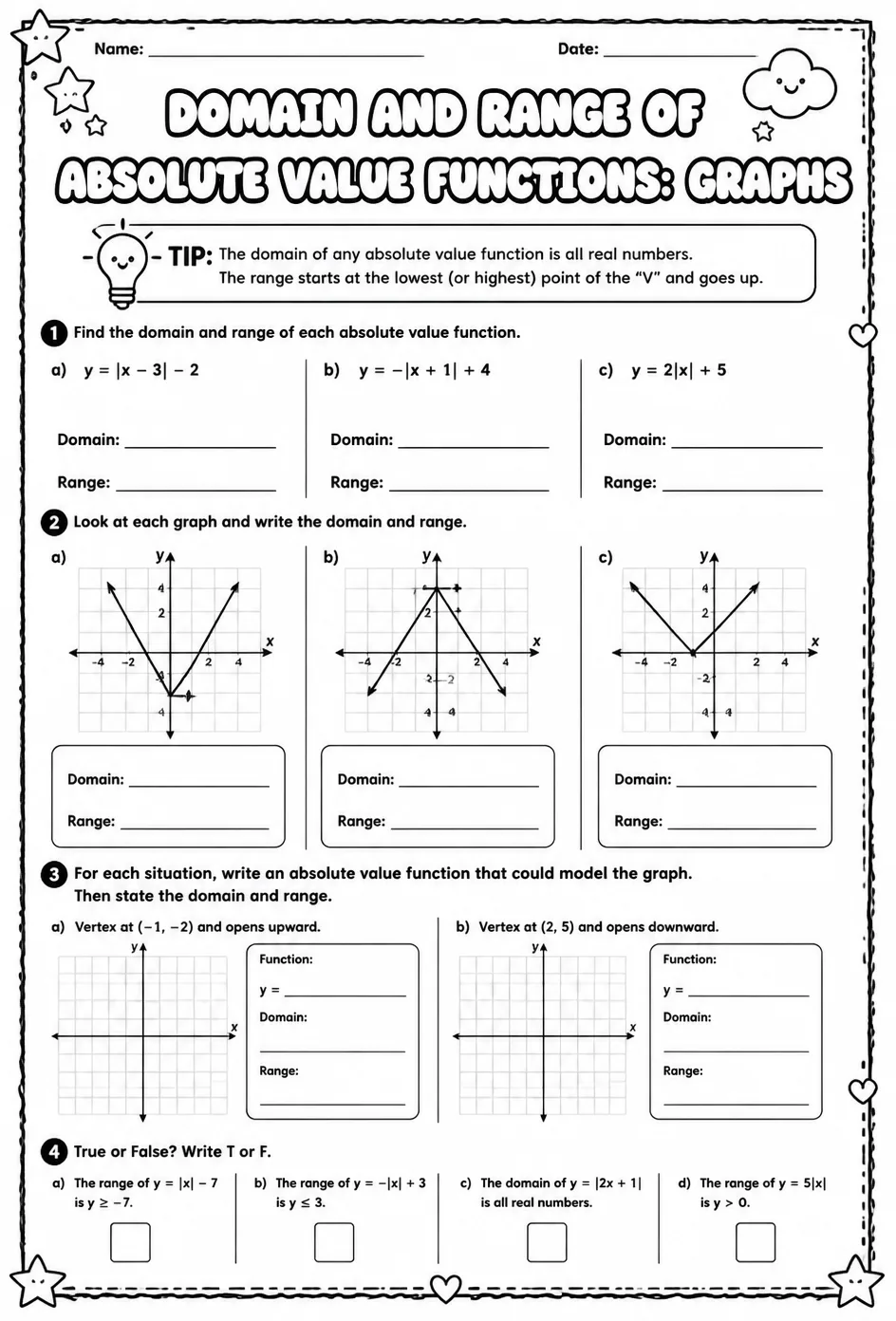 Domain and range of absolute value functions: graphs — free printable Algebra 2 math worksheet