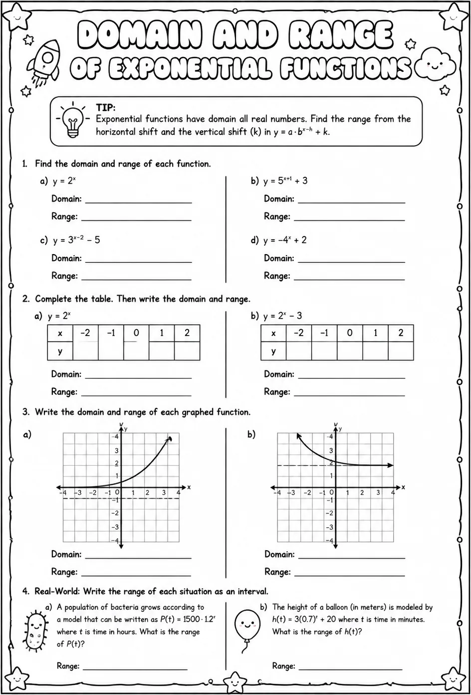 Domain and range of exponential functions — free printable Algebra 2 math worksheet