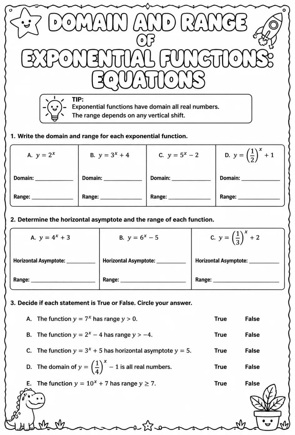 Domain and range of exponential functions: equations — free printable Algebra 1 math worksheet