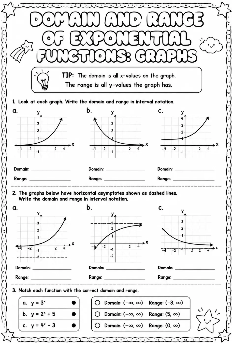 Domain and range of exponential functions: graphs — free printable Algebra 1 math worksheet