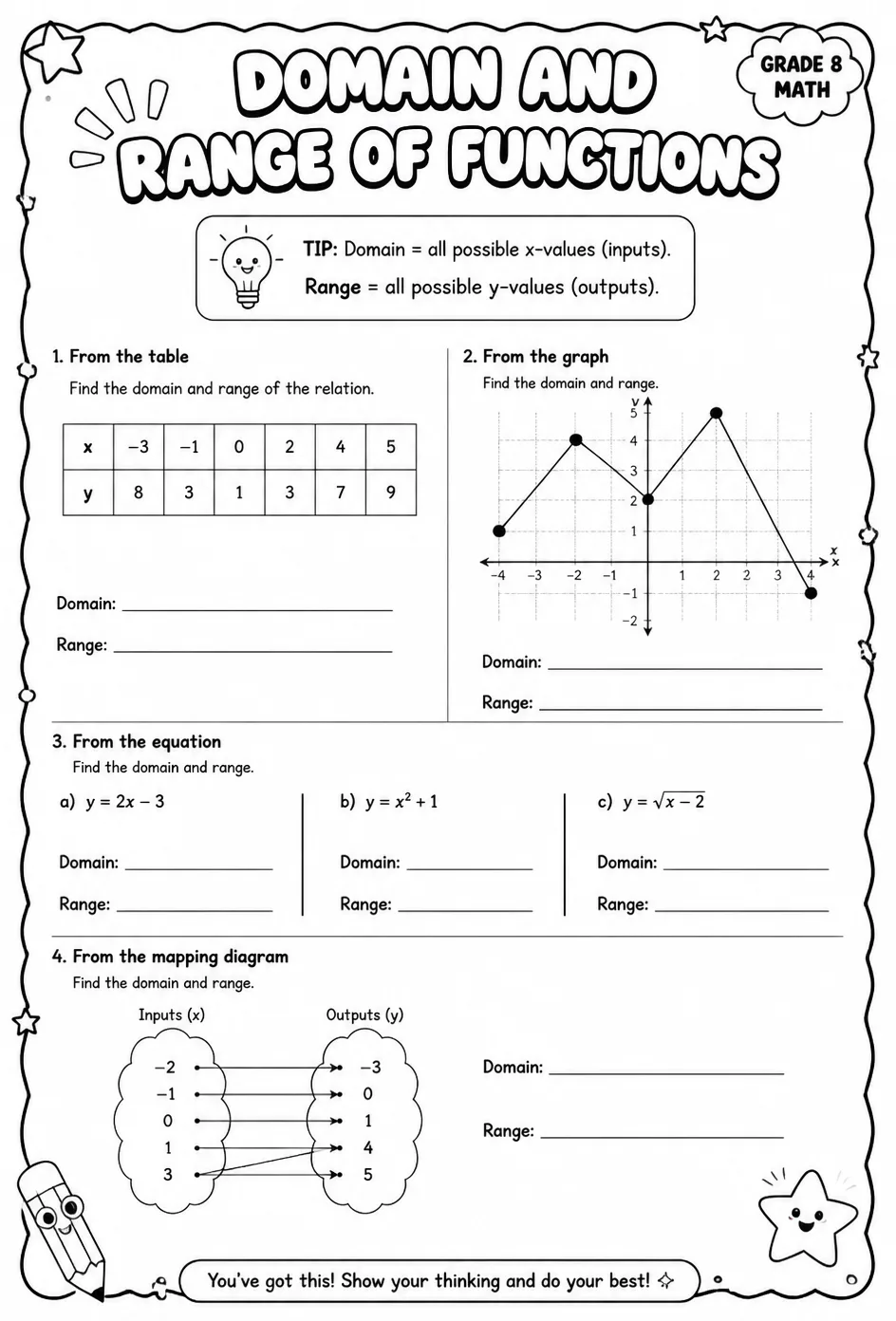 Domain and range of functions — free printable Grade 8 math worksheet