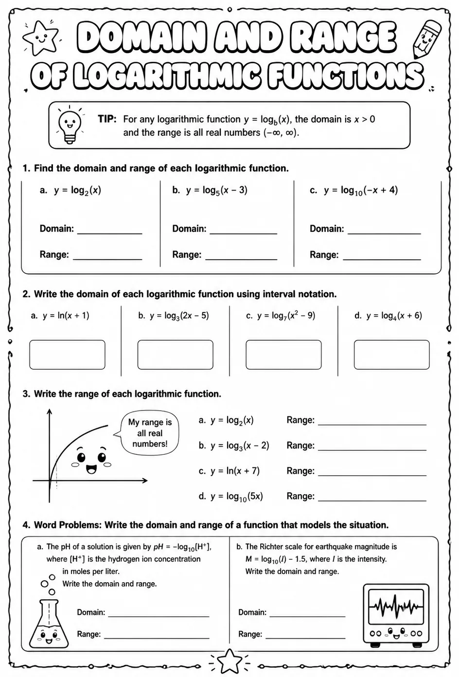 Domain and range of logarithmic functions — free printable Algebra 2 math worksheet