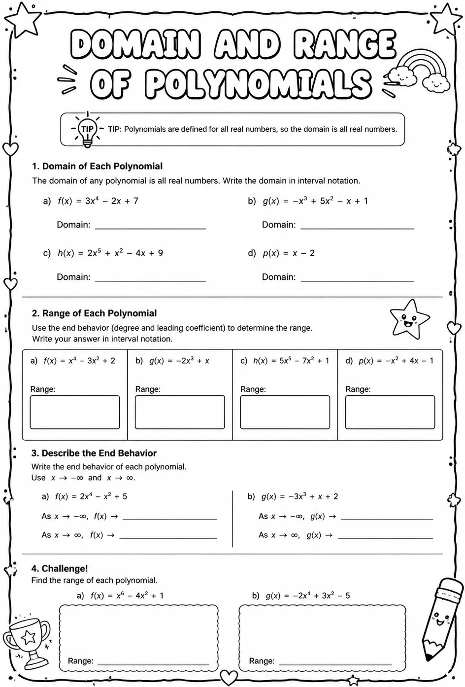 Domain and range of polynomials — free printable Algebra 2 math worksheet