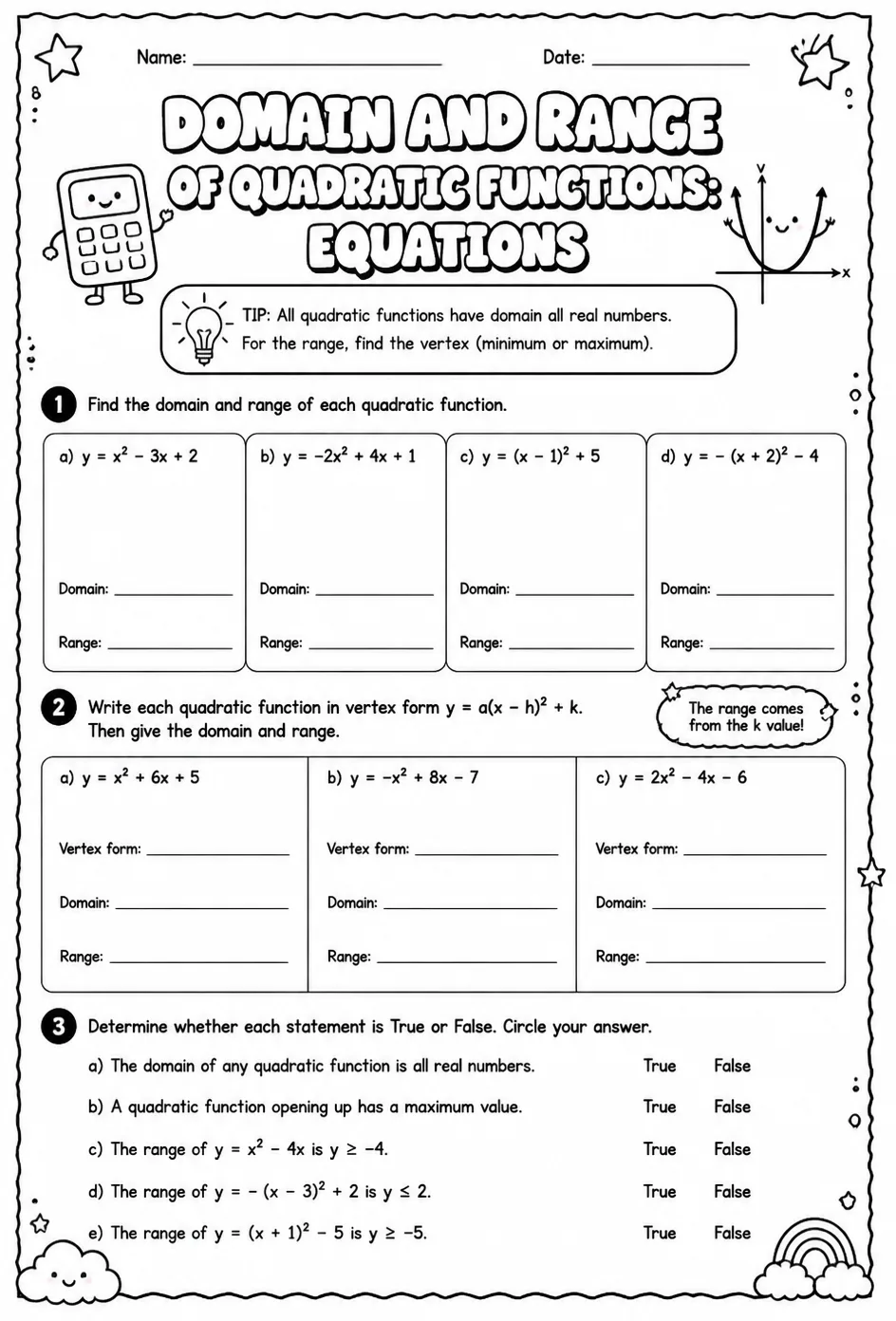 Domain and range of quadratic functions: equations