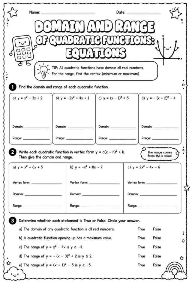 Domain and range of quadratic functions: equations