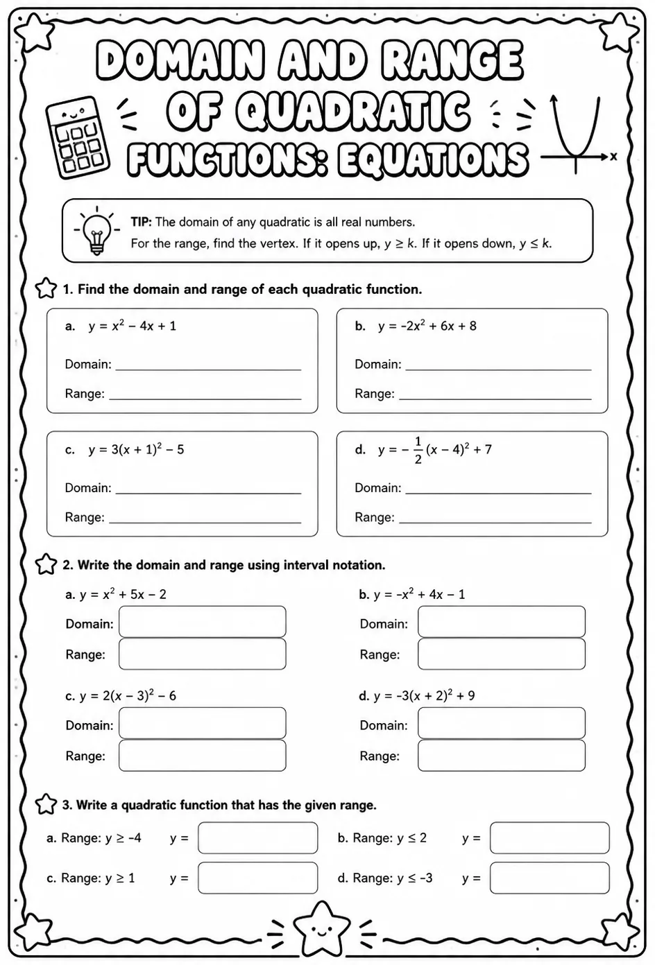 Domain and range of quadratic functions: equations — free printable Algebra 2 math worksheet