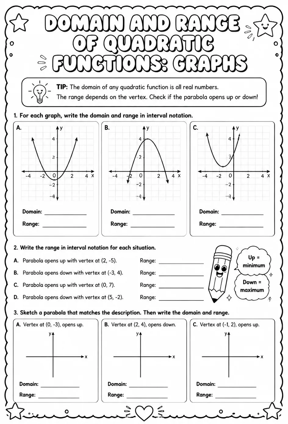 Domain and range of quadratic functions: graphs — free printable Algebra 1 math worksheet