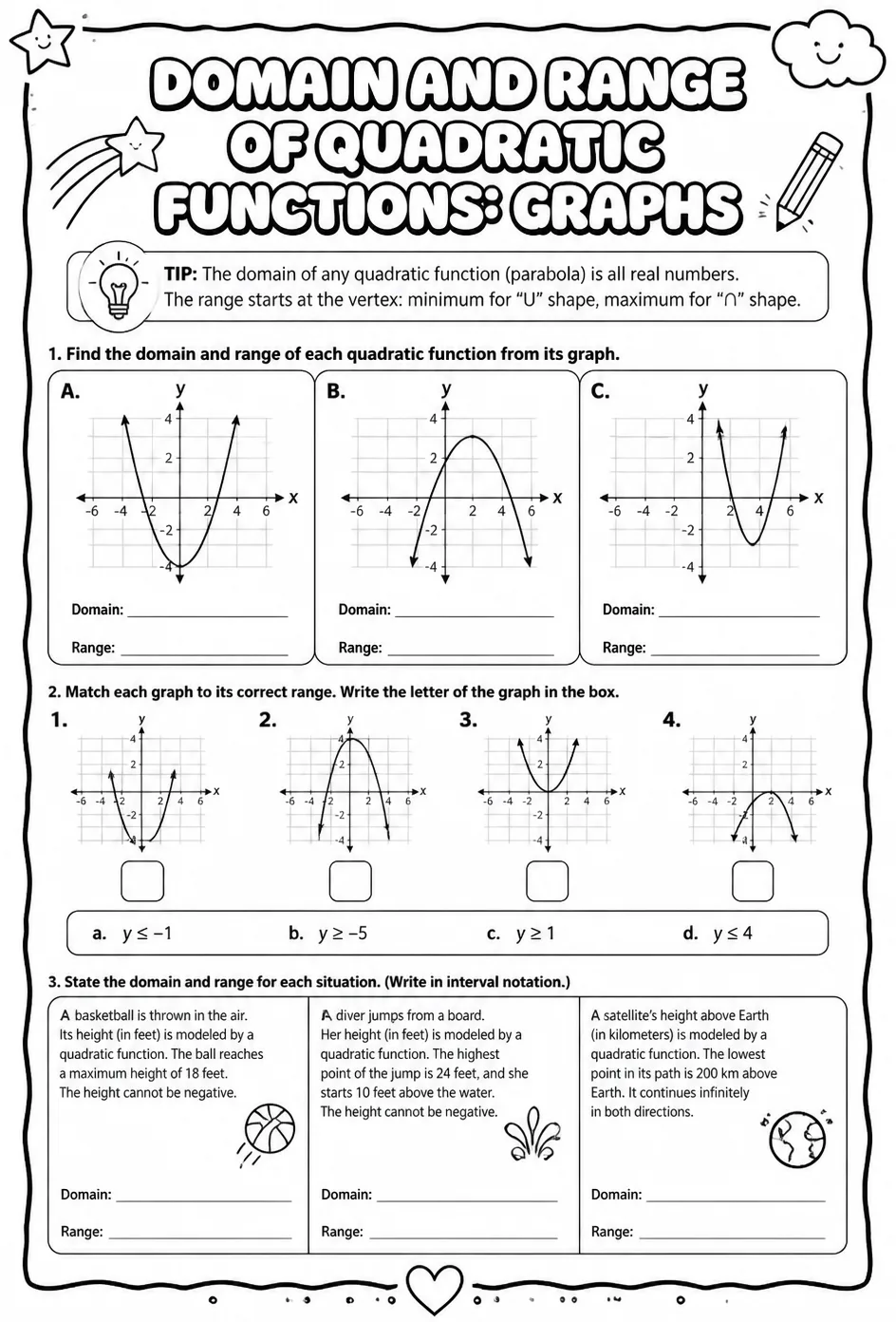 Domain and range of quadratic functions: graphs — free printable Algebra 2 math worksheet