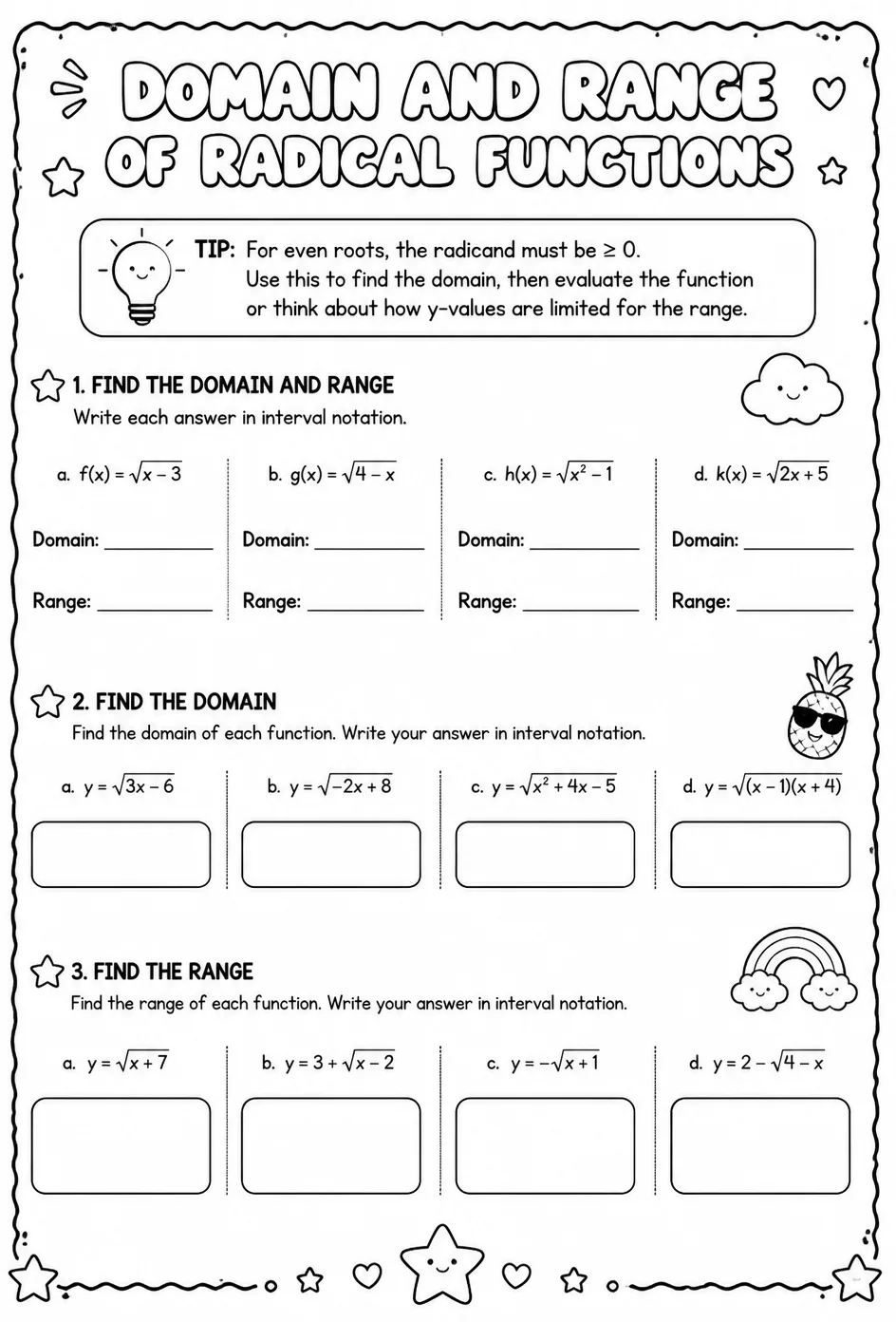 Domain and range of radical functions — free printable Algebra 2 math worksheet