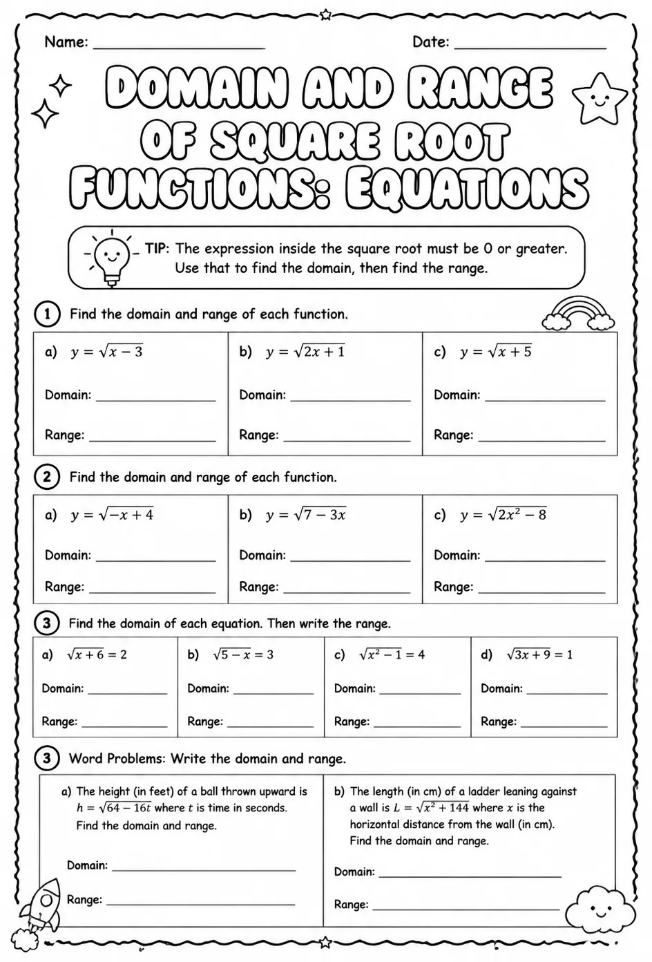 Domain and range of square root functions: equations — free printable Algebra 1 math worksheet