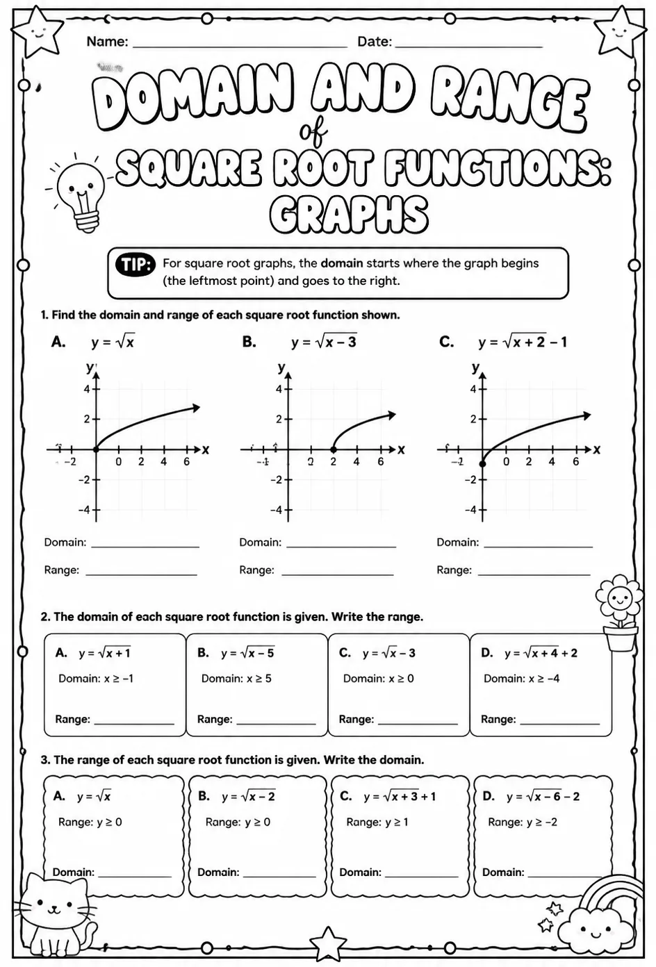 Domain and range of square root functions: graphs — free printable Algebra 1 math worksheet