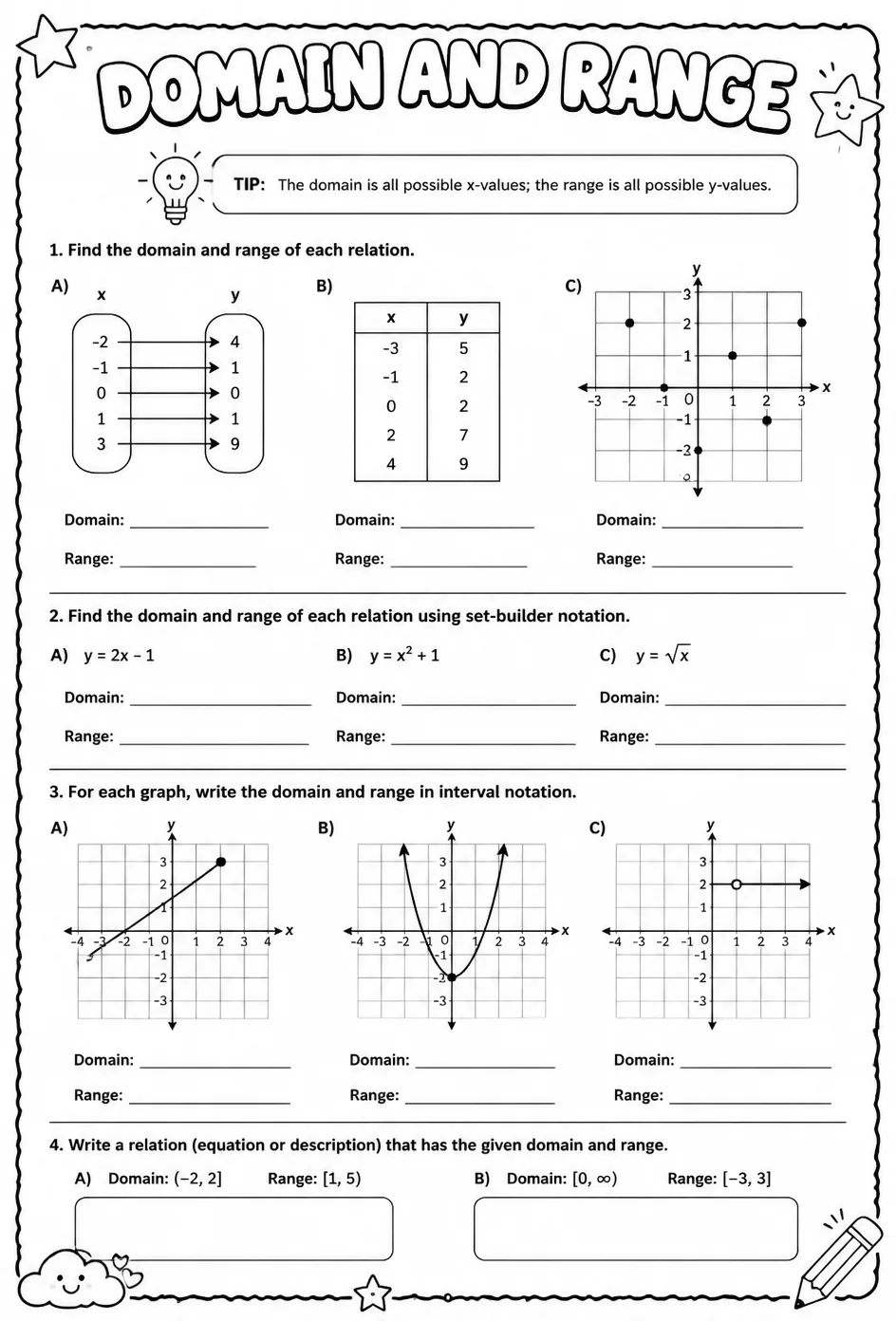 Domain and range — free printable Precalculus math worksheet