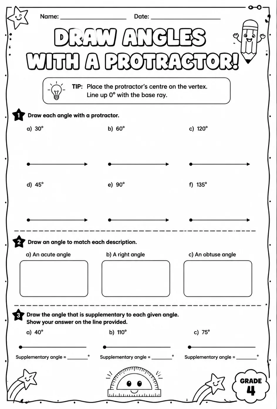 Draw angles with a protractor — free printable Grade 4 math worksheet