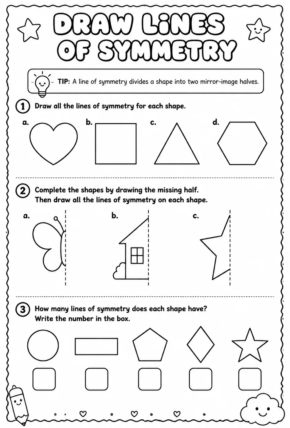 Draw lines of symmetry — free printable Geometry math worksheet