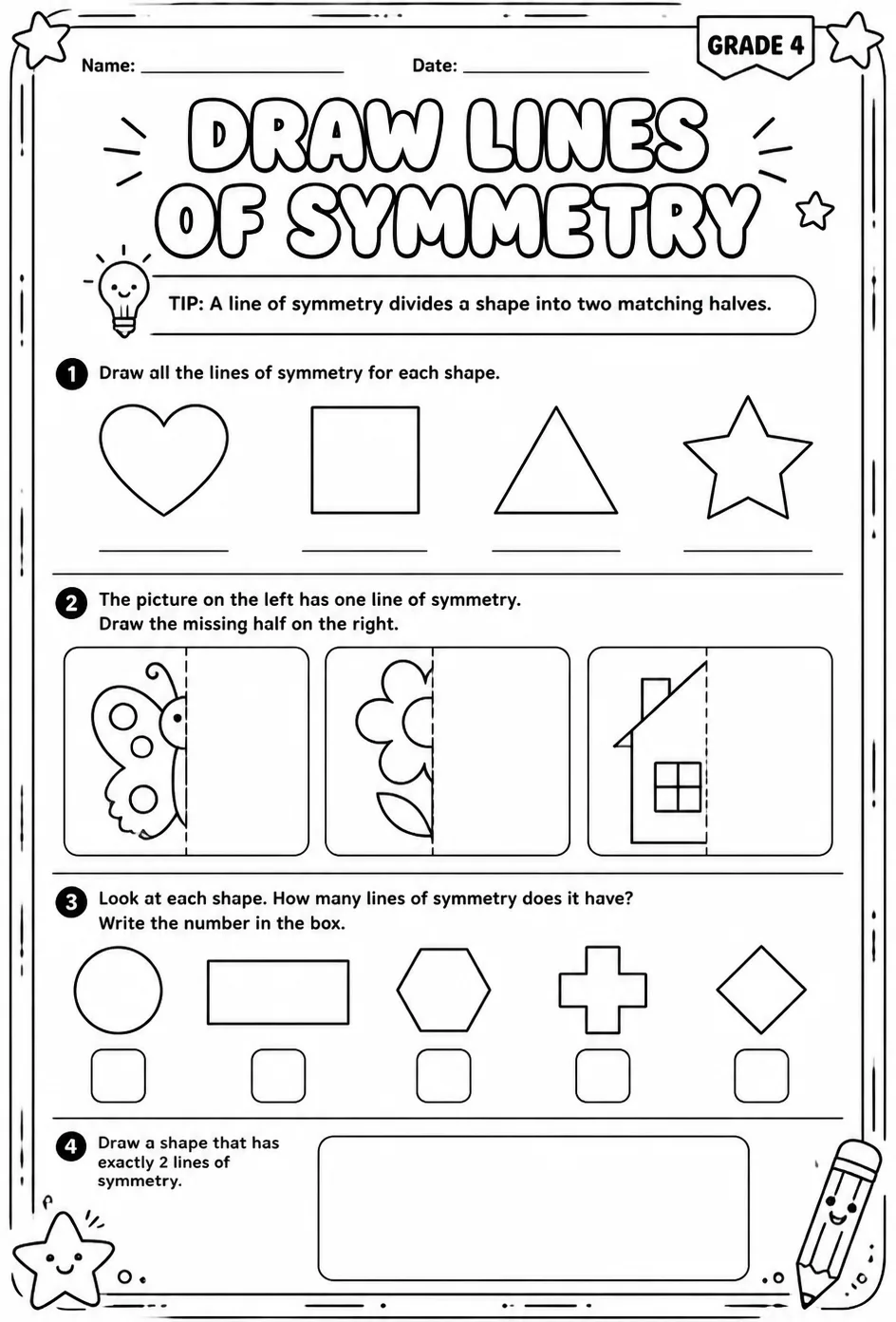 Draw lines of symmetry — free printable Grade 4 math worksheet