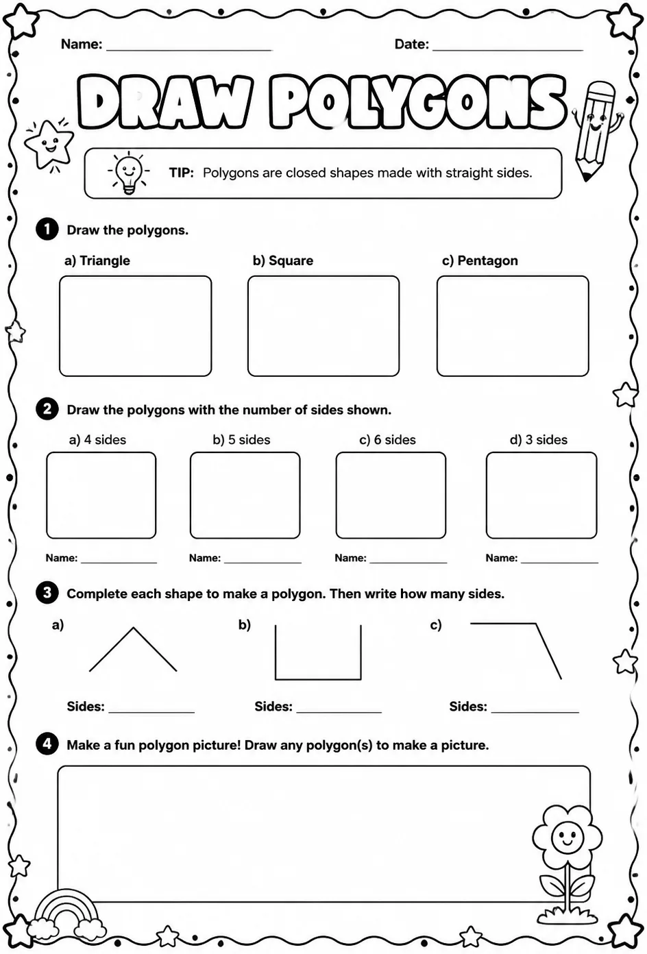 Draw polygons — free printable Grade 2 math worksheet